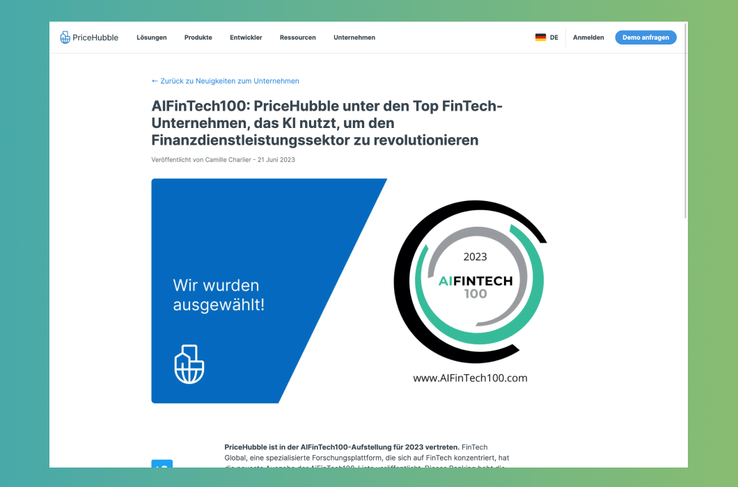 Screenshot des Beitrags AIFinTech100: PriceHubble unter den Top FinTech-Unternehmen