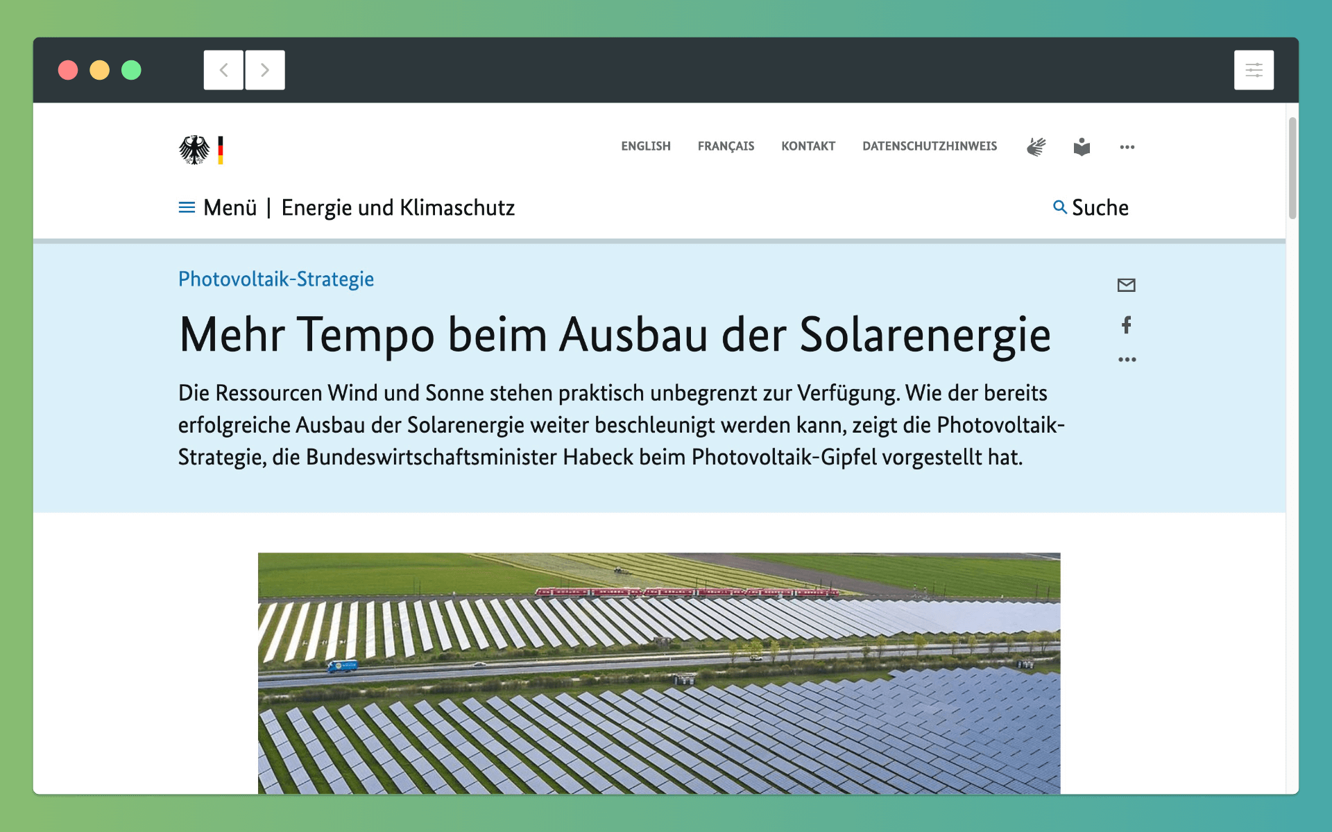 Screenshot Mitteilung Bundesregierung zum Ausbau Solarenergie