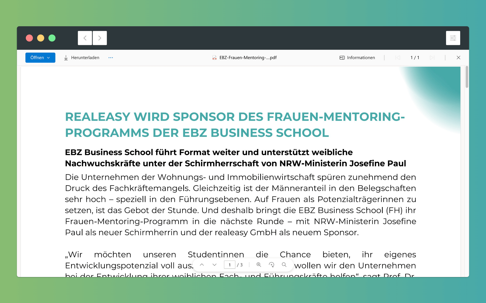 Screenshot Pressemitteilung Partnerschaft EBZ Business School und realeasy GmbH